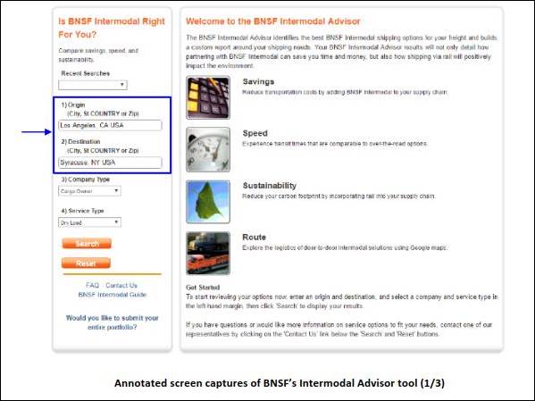 Annotated screen capture of BNSF's Intermodal Advisor tool (1/3).
Annotation brings attention to the Origin and Destination drop-down menus under the heading "Is BNSF Intermodal Right for You?"