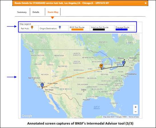 Capture d’écran annotée de l’outil Intermodal Advisor de BNSF (3/3).
L’annotation porte sur la légende de la carte ainsi que sur la carte de Google Map dans l’onglet Route Map [carte de l'itinéraire] du menu Route Details [détails de l'itinéraire].
