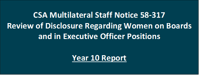 CSA Multilateral Staff Notice 58-317
Review of Disclosure Regarding Women on Boards and in Executive Officer Positions

Year 10 Report
