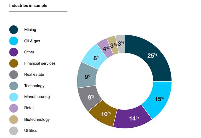 Pie chart of the issuers in review sample by industry.