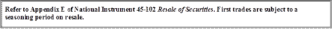 Refer to Appendix E of National Instrument 45-102 Resale of Securities. First trades are subject to a seasoning period on resale.