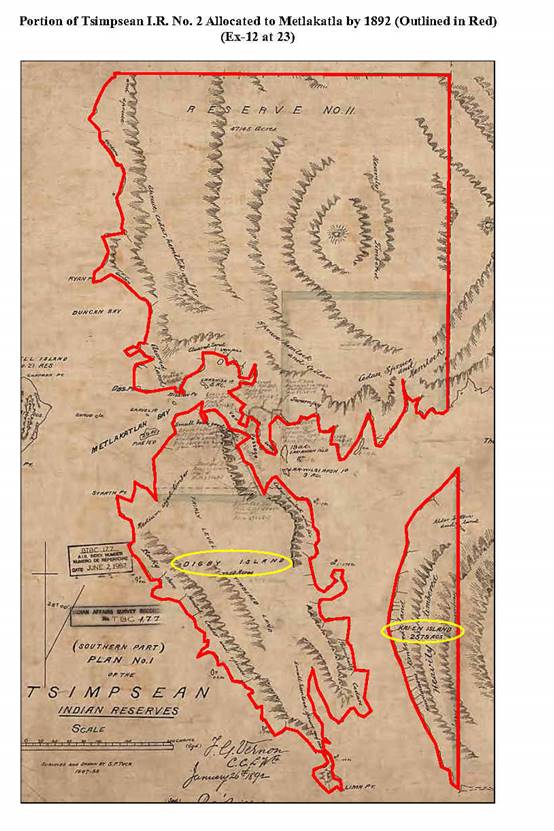 Map of the portion of Tsimpsean I.R. No. 2 allocated to Metlakatla by 1982 (outlined in Red),(Ex-12 at 23).