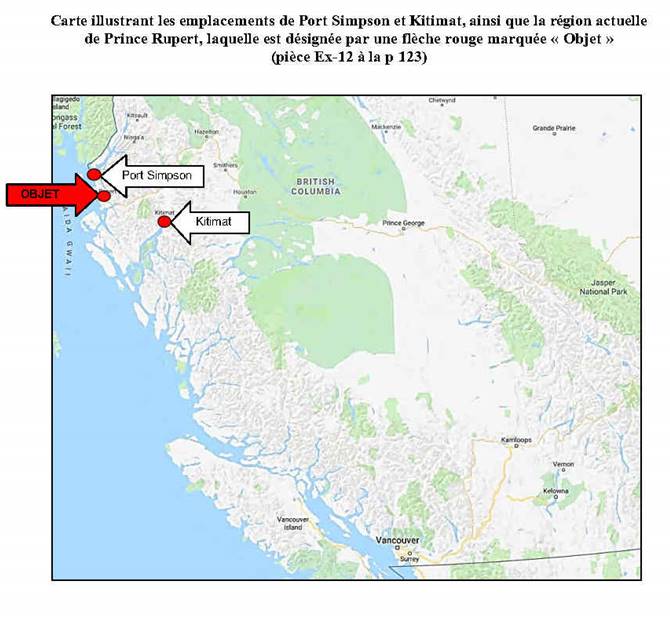 Carte illustrant les emplacements de Port Simpson et Kitimat, ainsi que la région actuelle de Prince Rupert, laquelle est désignée par une flèche rouge marquée « Objet »
(pièce Ex-12 à la p 123)
