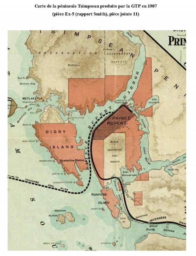Carte de la péninsule Tsimpsean produite par la GTP en 1907 (pièce Ex-5 (rapport Smith), pièce jointe 11)