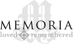 MEMORIA Loved Remembered with M in background, stylized crest betweenwords